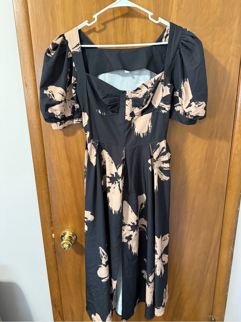 Black Floral Midi Dress with Puff Sleeves